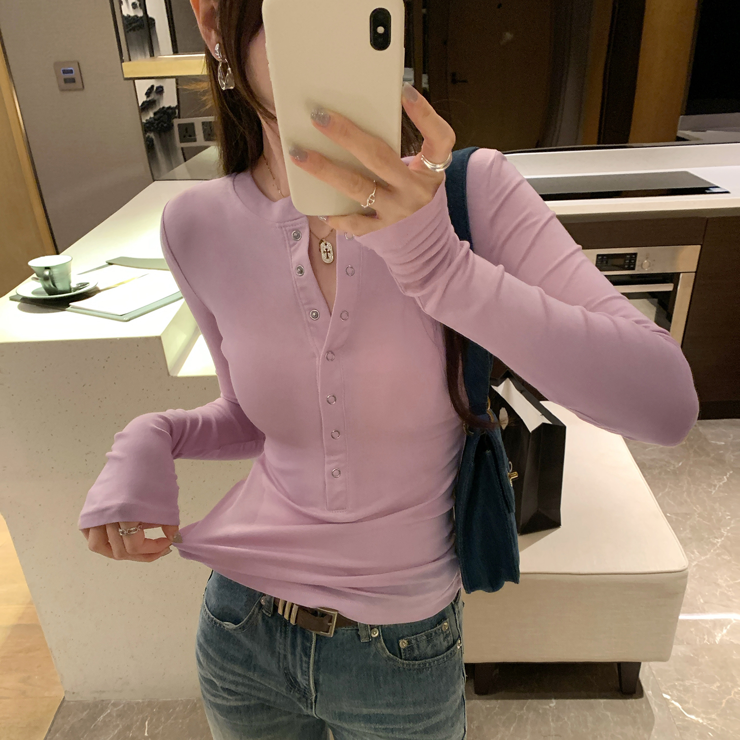 高级感半开领正肩长袖t恤女2025秋季新款修身内搭打底衫百搭上衣