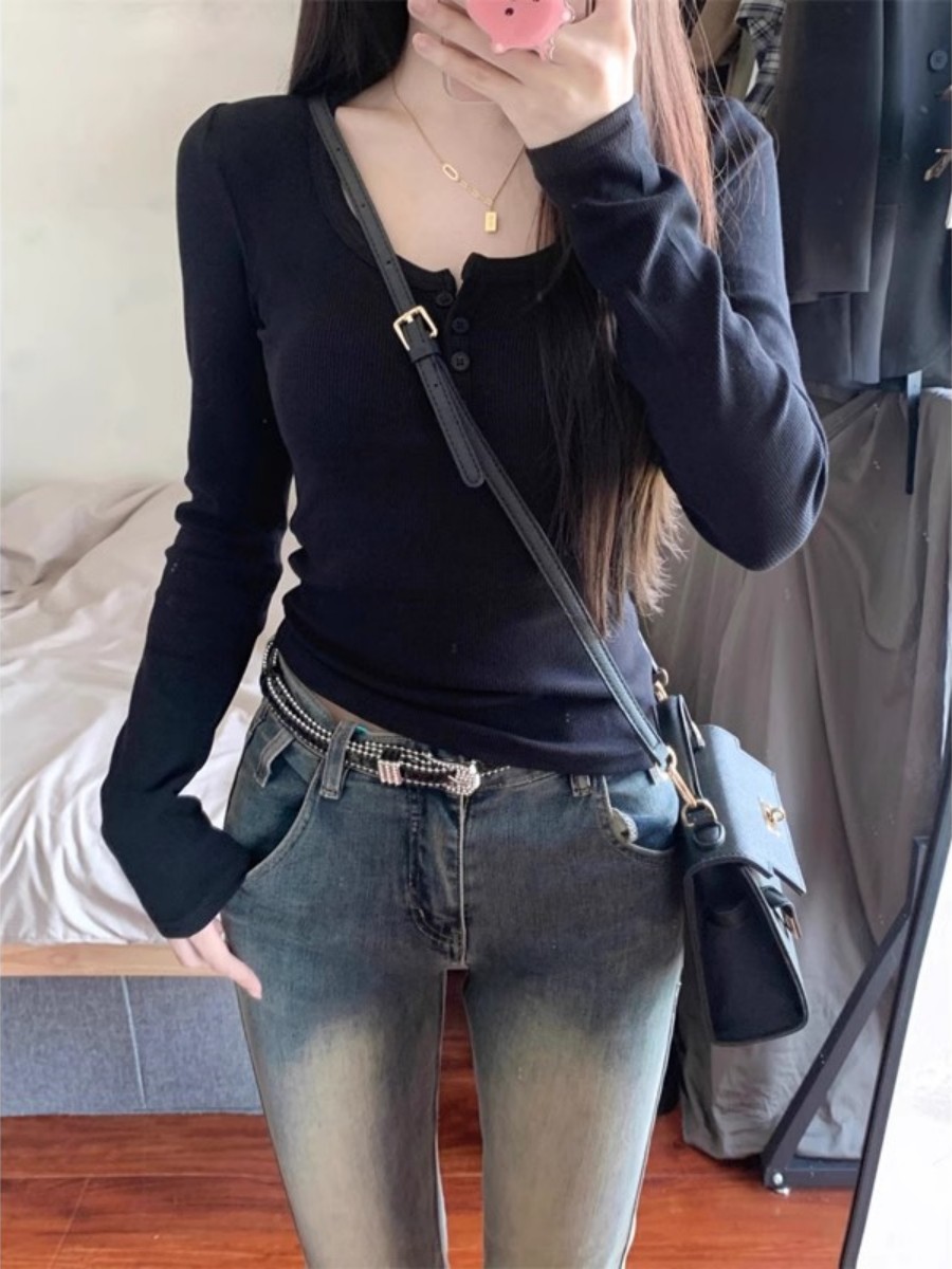 短款内搭T恤正肩长袖上衣