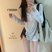 宽松超火长袖 上衣女夏早秋辣妹纯欲风中长款 T恤潮 防晒衫 白色薄款