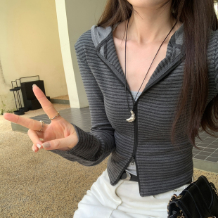 美式复古条纹拉链连帽卫衣外套女2026年秋冬新款修身显瘦短款上衣