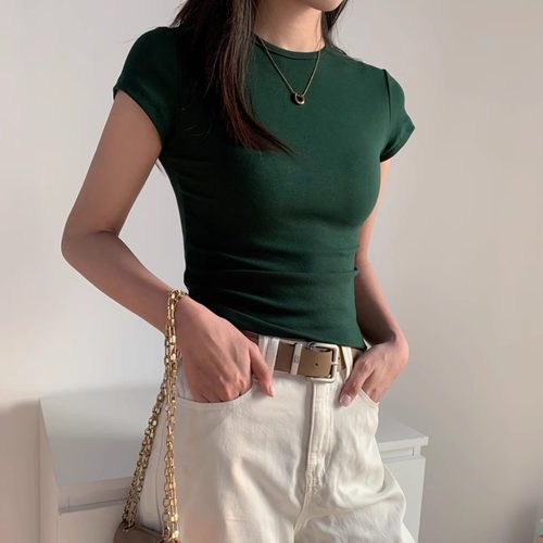 小圆领修身正肩t恤女2026春夏季纯棉百搭紧身短袖显瘦开春上衣ins