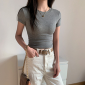 2026春夏正肩短袖 掐腰上衣t恤女 小圆领灰色紧身打底洋气百搭修身