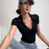 POLO领打底衫 女夏季 辣妹内搭紧身短袖 2025新款 t恤短款 正肩上衣ins