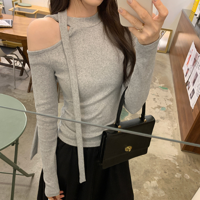 设计感白色挖肩蝴蝶结长袖T恤女2025年秋季新款修身显瘦单穿上衣