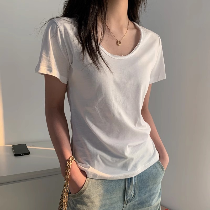 白色t恤女2025春夏松驰感破烂风ins洋气体恤修身纯色V领打底上衣