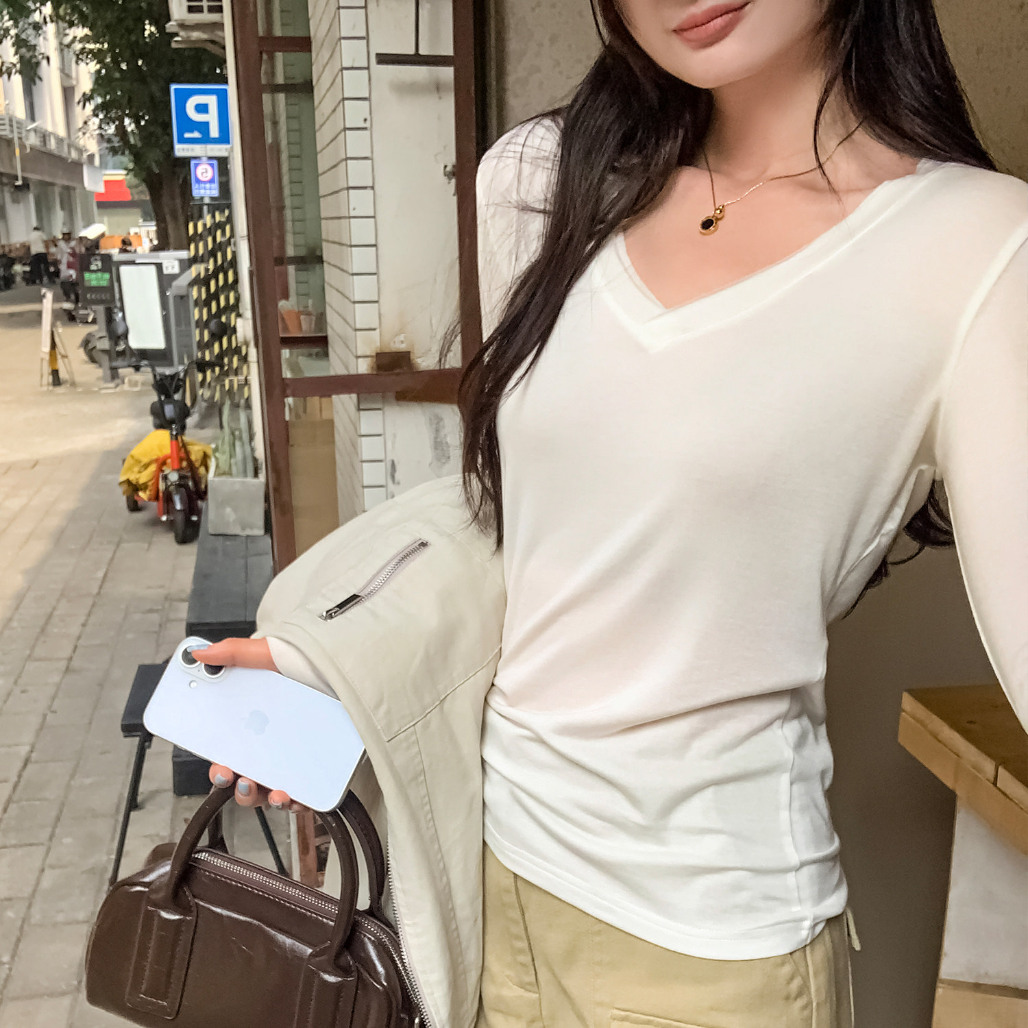 莱赛尔天丝羊毛V领长袖打底衫T恤女2026春季新款修身显瘦内搭上衣