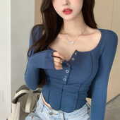 打底春季 新款 低领修身 气质纯欲u领长袖 显瘦上衣高腰短款 百搭T恤女