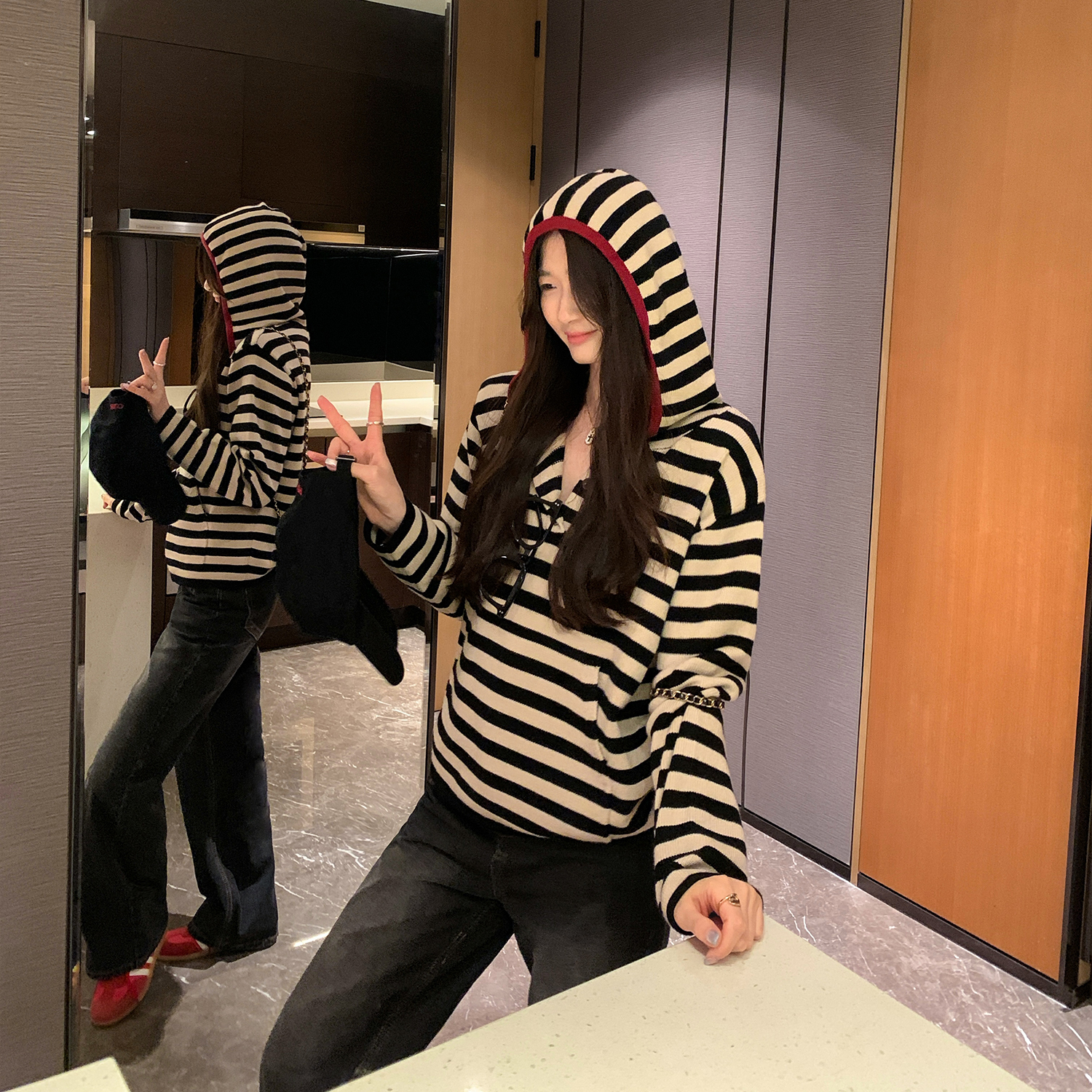 设计感条纹连帽毛衣外套女秋季2025新款宽松显瘦长袖针织帽衫上衣