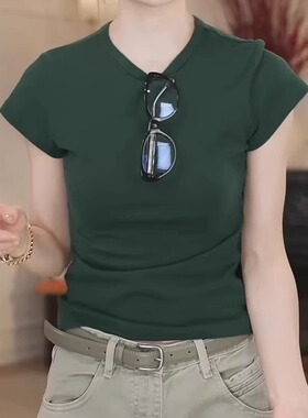 简约绿色正肩短袖t恤女夏季新款修身短款纯棉体恤百搭圆领上衣潮
