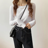 2026年新款 卷边打底衫 秋季 T恤女纯棉修身 洋气ins上衣 白色长袖 韩版