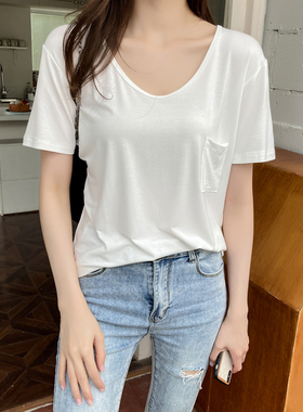 2025春夏短袖T恤女宽松时尚低领U领内搭打底衫莫代尔isn白色上衣