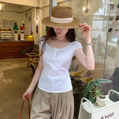 法式复古苎麻甜美泡泡袖修身短袖T恤女2026春夏新款独特别致上衣