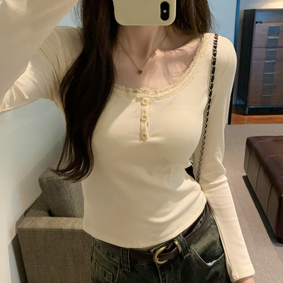蕾丝花边u领内搭打底T恤女