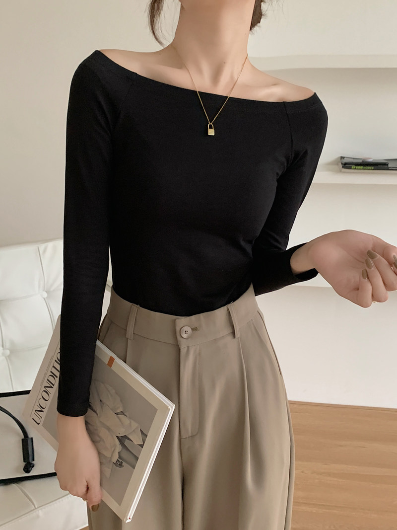 早秋冬纯棉内搭黑色一字领肩小心机上衣气质锁骨打底衫长袖t恤女