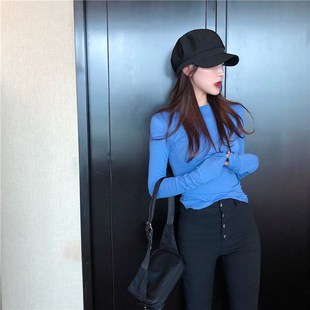 簡約基礎款 內搭長袖 T恤女打底衫 上衣 chic緊身彈力卷邊糖果色修身