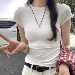 显瘦开春上衣ins t恤女2026夏小个子百搭紧身短袖 圆领修身 正肩短款