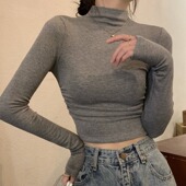 修身 半高领纯色打底衫 女2025秋冬中领内搭设计感短款 磨毛t恤上衣