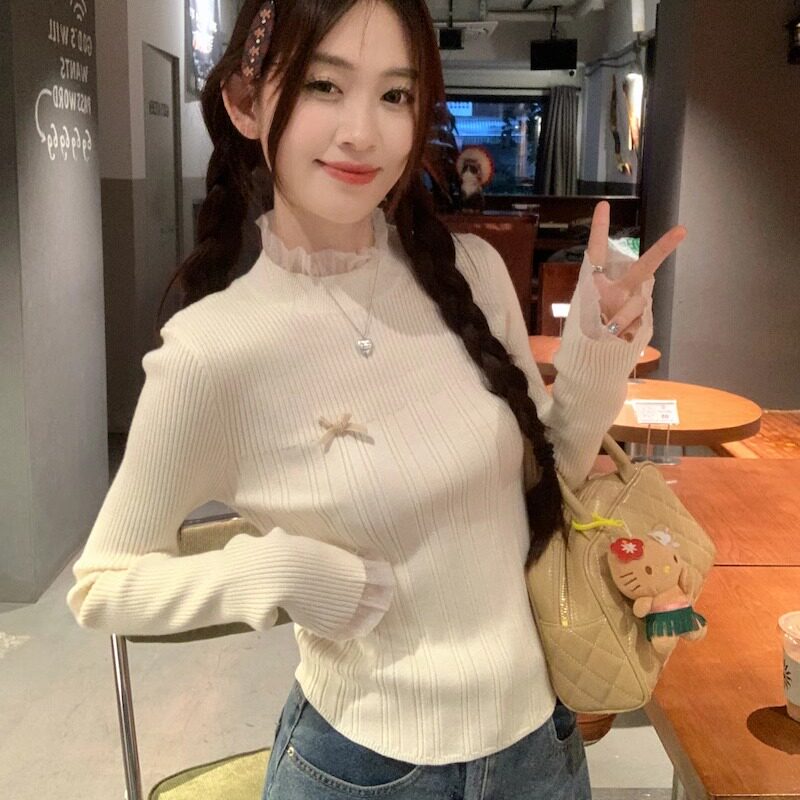 蕾丝蝴蝶结内搭毛衣女