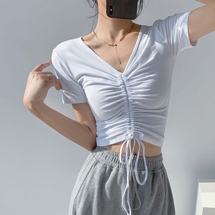设计感上衣女露肚脐 白色性感心机T恤2025夏季 V领抽绳短袖 韩版 短款
