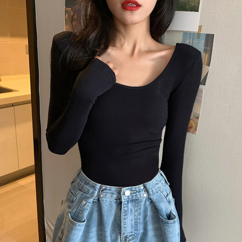 2025黑色大低领长袖打底衫女美背春秋季纯棉紧身内搭性感露背上衣,女装/女士精品,T恤,淘宝优惠券,粉丝福利购,淘宝优惠卷