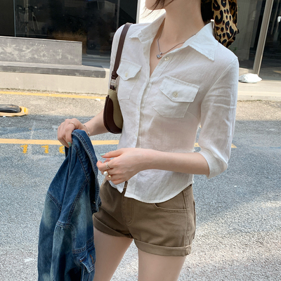 法式系带收腰亚麻中袖衬衫女夏2025新款洋气设计感独特别致小上衣