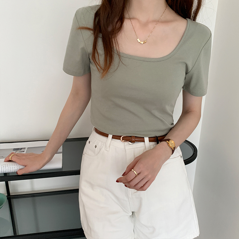 2025春夏季纯色方领T恤女低领美背纯欲风休闲露锁骨修身短袖上衣