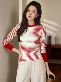 高级感撞色条纹T恤女长袖上衣2025秋冬新款洋气纯棉设计感打底衫