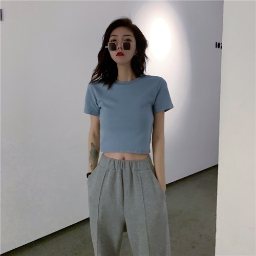 2026春夏短款网红打底衫短袖纯棉chic小心机上衣高腰漏肚脐T恤女