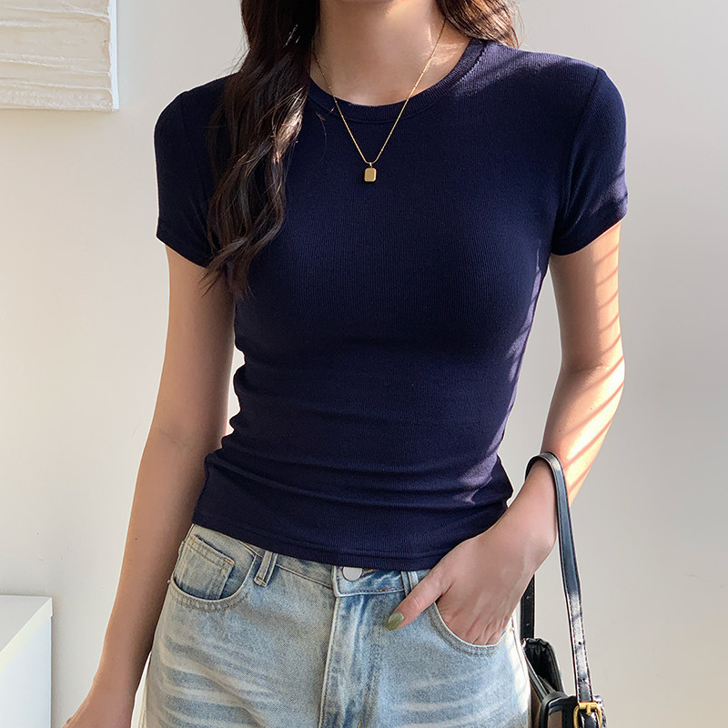 2026春夏美式正肩圆领短袖修身中腰亲肤百搭t恤女独特绝美小上衣