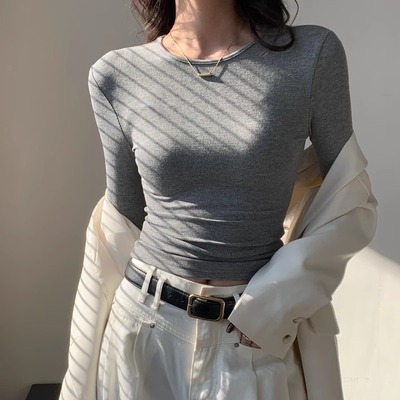 秋冬美式灰色正肩小衫长袖t恤女紧身内搭打底修身磨毛加薄绒上衣