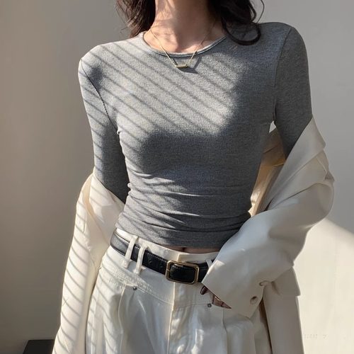 秋冬美式灰色正肩小衫长袖t恤女紧身内搭打底修身磨毛加薄绒上衣