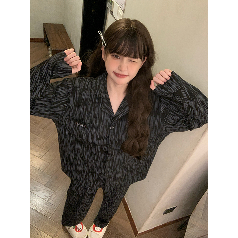 晚眠带胸垫睡衣女款春秋纯棉长袖黑色2025年新款秋冬季大码家居服