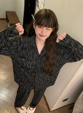 晚眠带胸垫睡衣女款春秋纯棉长袖黑色2025年新款秋冬季大码家居服