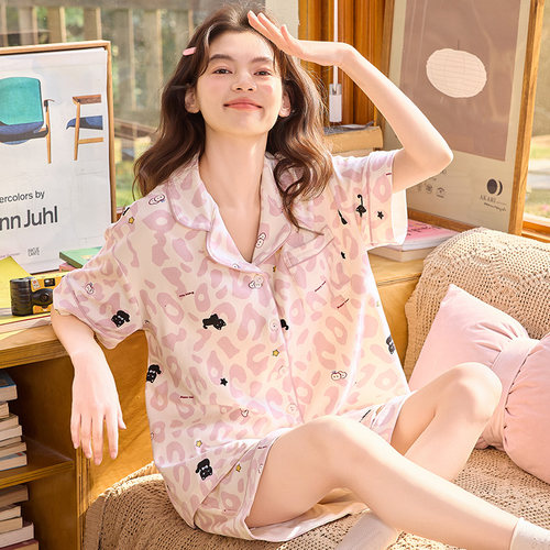 晚眠带胸垫睡衣女夏季短袖短裤薄款大码夏天可爱两件套装家居服