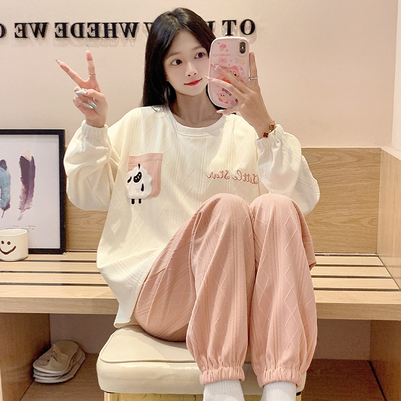 晚眠带胸垫一体睡衣女春秋款纯棉长袖2024年新款学生家居服冬季