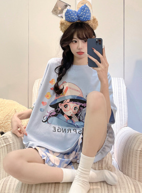 晚眠带胸垫睡衣女夏季新款短袖短裤可爱夏天蓝色小个子家居服套装
