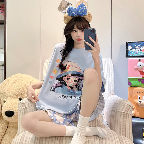 晚眠带胸垫睡衣女夏季新款短袖短裤可爱夏天蓝色小个子家居服套装