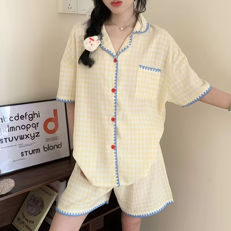 晚眠带胸垫睡衣女款夏季短袖黄格子两件套装家居服2025年新款可爱