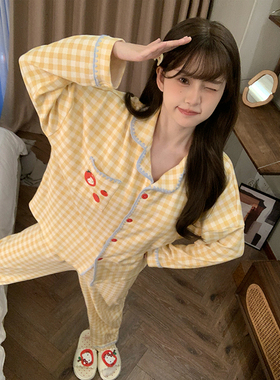 带胸垫睡衣女款春秋长袖格子2025年新款秋冬季大码家居服夏两件套