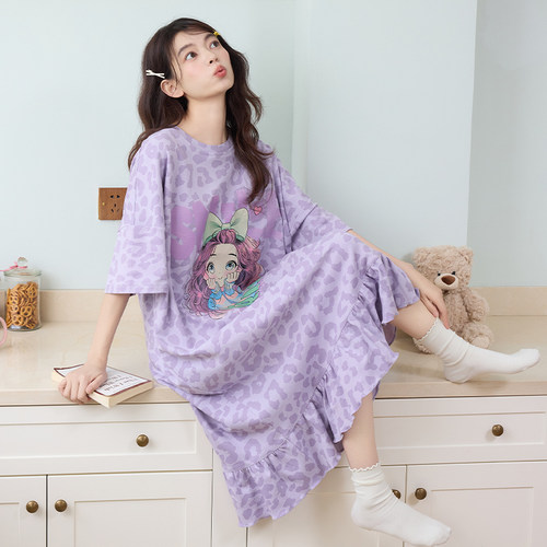 晚眠带胸垫睡裙女夏季薄款纯棉短袖卡通2026年新款睡衣裙大码夏天