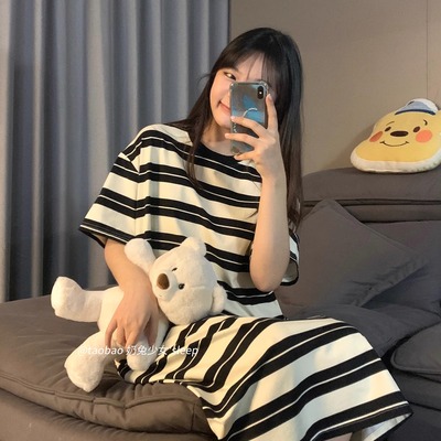 晚眠带胸垫睡裙女夏季薄款纯棉短袖条纹2025年新款睡衣裙大码夏天