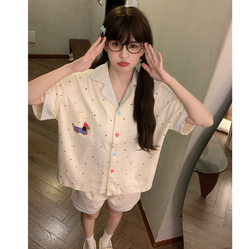 晚眠带胸垫睡衣女夏季短袖短裤薄款大码夏天可爱两件套装家居服