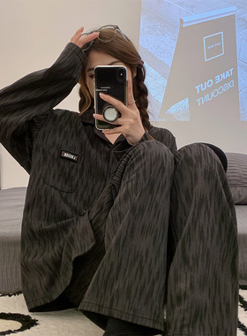 带胸垫睡衣女款春秋季纯棉长袖2025年新款冬一体夏天黑色家居服