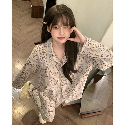 晚眠带胸垫睡衣女款秋春季长袖冬季大码豹纹家居服2025年新款套装