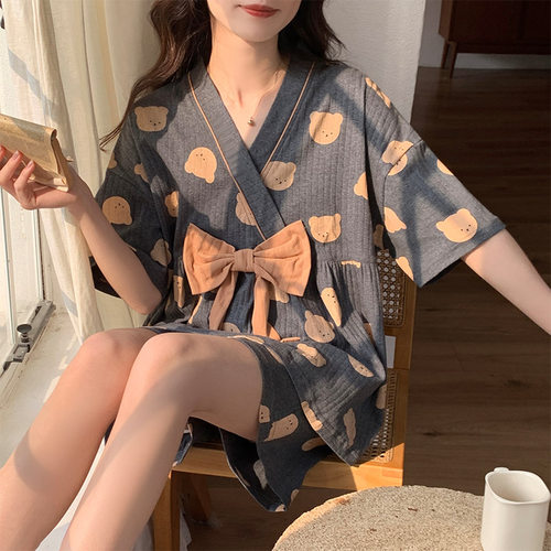 晚眠带胸垫睡衣女款夏季棉短袖2025新款汗蒸服洋气和服日系家居服