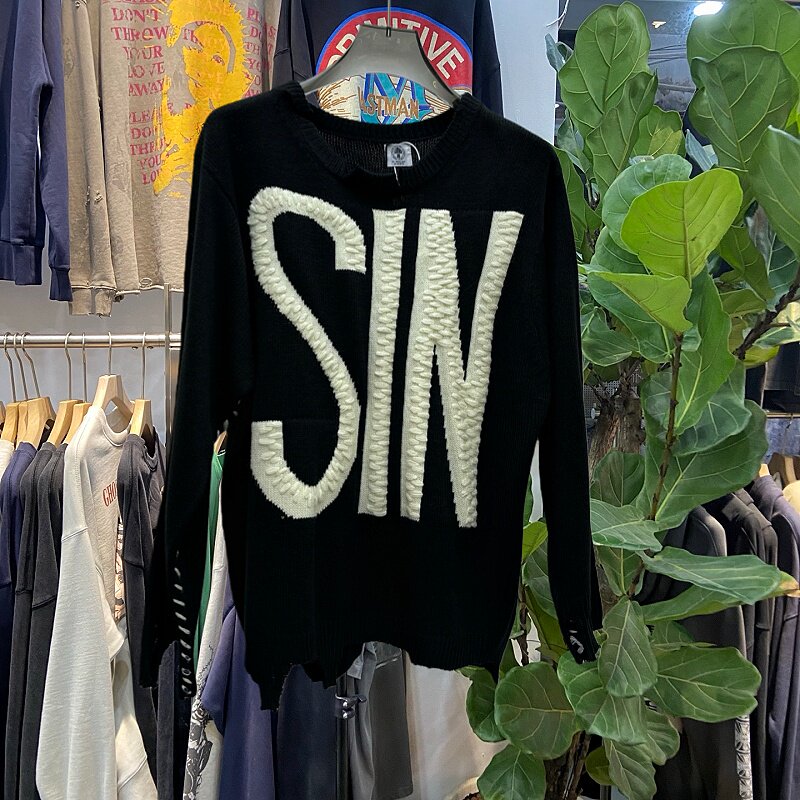 复古美式SIN字母针织衫男女同款