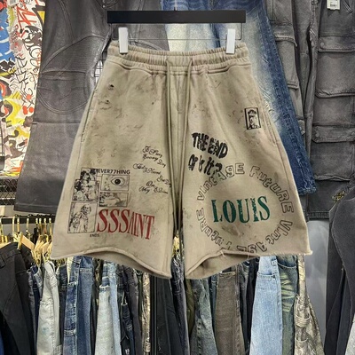 美式街头涂鸦字母印花宽松短裤