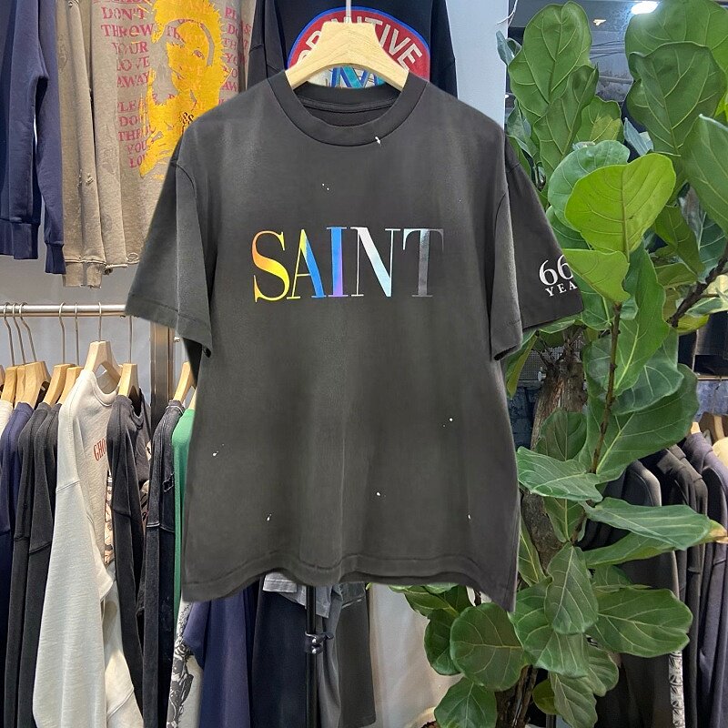 saint xxx stb彩虹字母印花短袖T恤男女宽松落肩袖休闲上衣