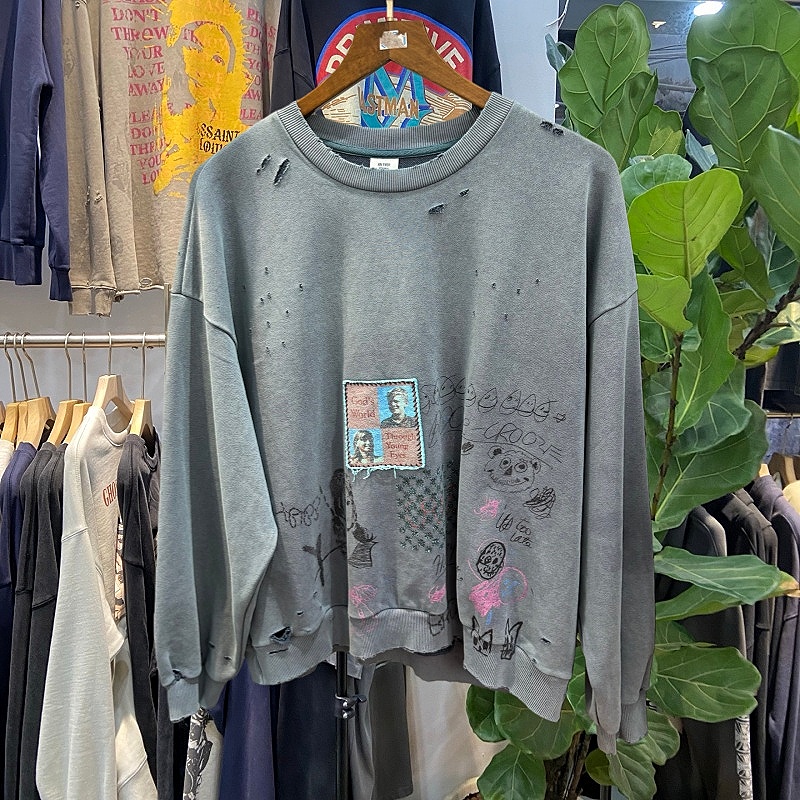 美式复古做旧破洞涂鸦印花卫衣