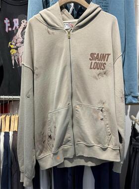 SSSAINT LOUIS泼墨水洗做旧字母拉链开衫外套连帽卫衣卫裤套装潮